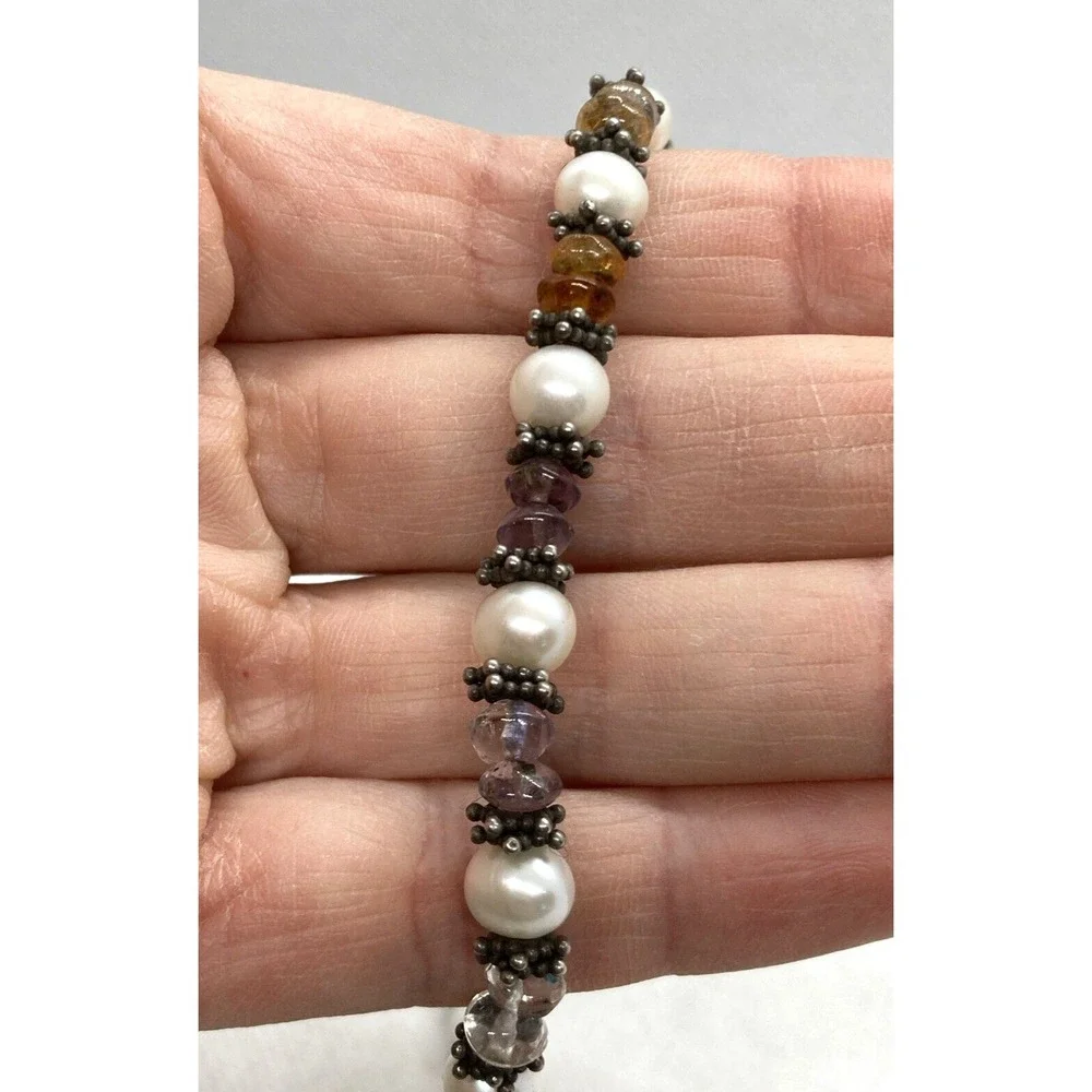 Vintage Pearl Amethyst Peridot Citrine‎ 20'' Necklace Sterling 925 Silver 42.2g